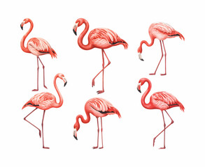 Watercolor study of flamingos in standing, walking, and bending positions. Watercolor flamingo vector Illustration. © Artverza