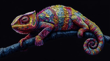 Vibrant chameleon perched on branch a colorful photo depicting exotic reptile against black background