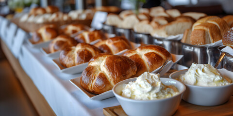 Creative food concept. Rows of freshly baked artisan bread with whipped cream butter custard on in brightly lit cafe shop bakery catering. copy text space	
