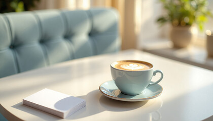 Creamy cappuccino in pastel blue cup on white table near window. Latte art coffee in stylish cafe setting with soft sunlight.