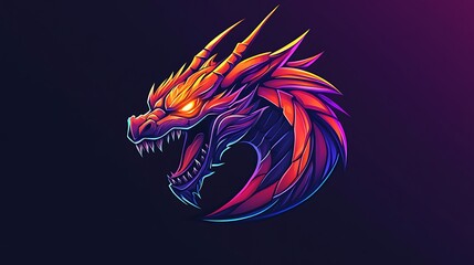 Vibrant digital art illustration of a ferocious dragon head with glowing orange eyes photo