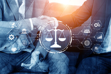 Futuristic digital law interface displaying justice scale, highlighting digital law, AI compliance,...