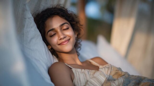 A serene scene of a young Indian woman peacefully sleeping with a content smile, bathed in gentle ambient light through linen curtains.