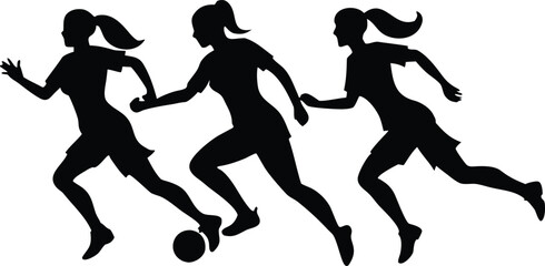 Three athletic female soccer players in silhouette running with a soccer ball during a competitive match on a white background