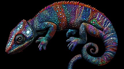 Vibrant detailed illustration of a colorful chameleon animal on a black background photo