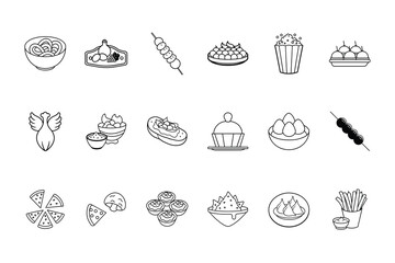 Collection line art icons depicting various party snacks 