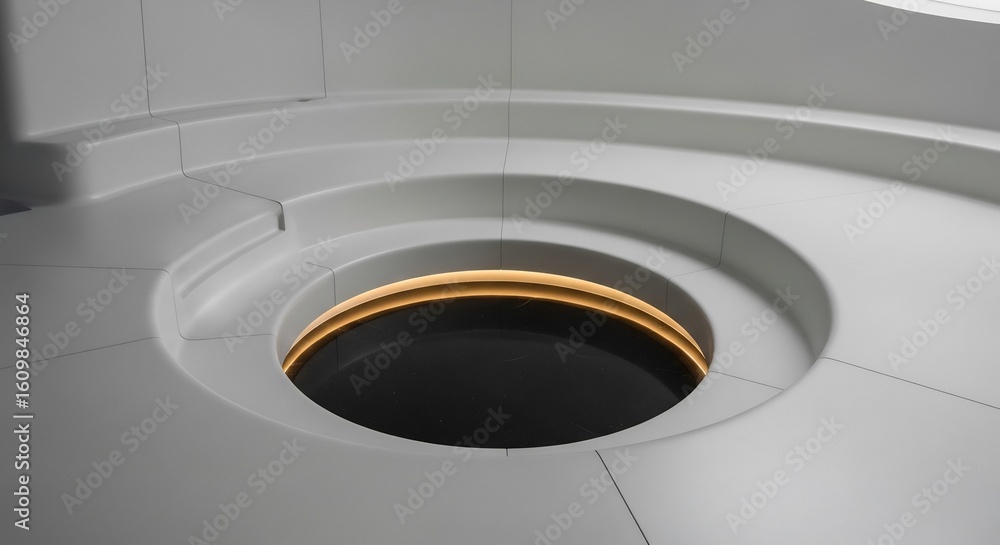 Poster close-up of a futuristic interior design element. a glowing orange circular portal sits within a min