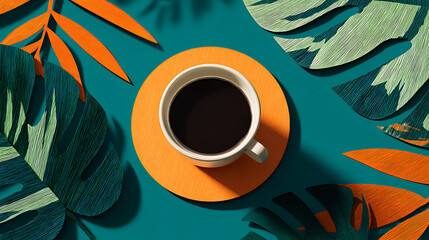 Teal Background with Orange Coaster White Coffee Cup and Textured Paper Tropical Leaves black coffee