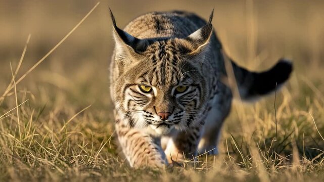 Photorealistic 3D scene of a lynx in hunting position, hidden in tall grass. Captured in a tense moment before it leaps at its prey, with detailed fur textures and a natural wildlife setting.