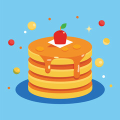 Delightful Stack of Pancakes with Syrup and Cherry Topping.