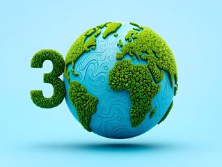 Globe with green continents and the number three for earth day or environmental concept