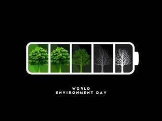 World environment day concept showing battery life with trees for ecological awareness