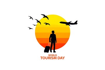 World tourism day travel and vacation concept illustration with airplane and traveler