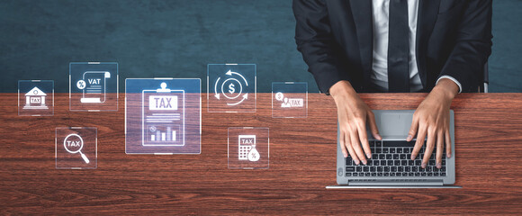 Financial regulation and tax compliance concept showing tax document, VAT, transaction flow, and...