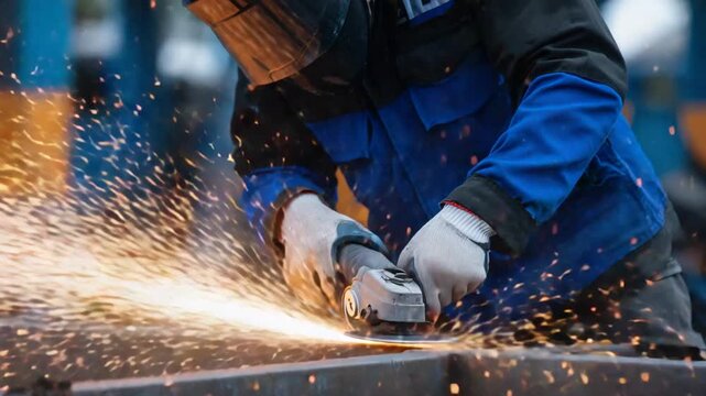 A metal grinder slices through a rusted beam, emitting sparks in a gritty industrial setting with visible safety gear.