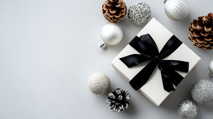 White Gift Box with Black Ribbon Surrounded by Silver and Gold Ornaments and Pine Cones on Gray Background Elegant Christmas Present Festive