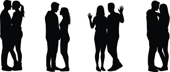 Couples in silhouette sharing moments, romantic gesture, hand holding, waving goodbye, emotional connection, love concept, relationship scene, togetherness illustration