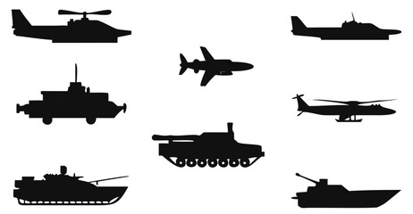 Fototapeta premium Silhouette military vehicles transport helicopter airplane tank ship war machine aircraft force army navy on transparent background
