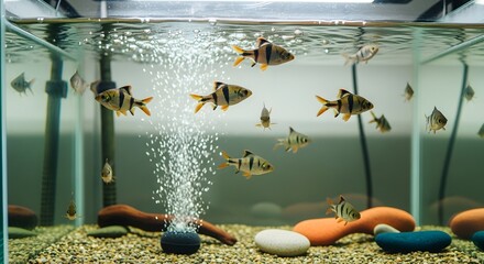 Aquatic life scene showcases striped fish swimming within an aquarium. Gravel bottom contrasted with colorful decor creates a vibrant underwater environment. Bubbles rise adding dynamism and texture.