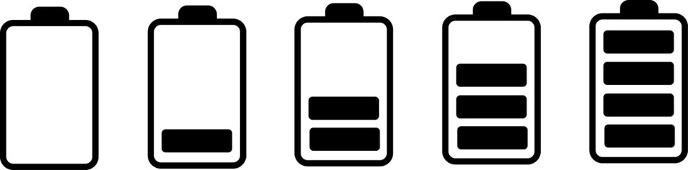 Black battery charge level vector icons set on transparent background, power status indicators for energy, devices, and technology visuals