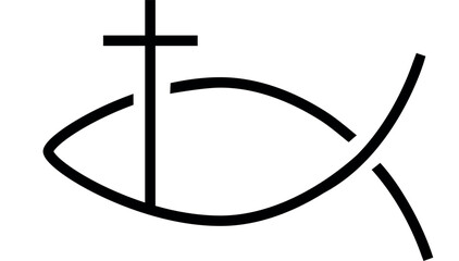 Christian fish and cross vector icon in minimalist black line style, religious Jesus symbol for faith, church, gospel design and spiritual identity