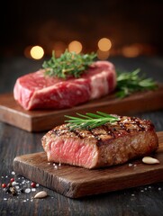 Two beautifully arranged wooden cutting boards featuring ribeye steaks prepared in contrasting styles and garnished for visual appeal