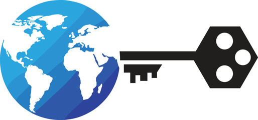 Global access and security key symbol, world map with key icon, concept of digital connection, cybersecurity, global data protection