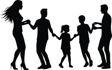 Happy family dancing together in silhouette, joyful people holding hands, group activity, unity, fun moment, lifestyle celebration illustration