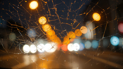 Cracked windshield with blurred city lights at night