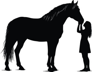 Silhouette of girl gently touching horse, symbol of love, care, connection, friendship, trust, rural life, animal bonding, and harmony