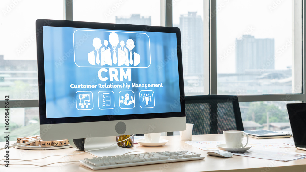 Poster customer relationship management system on modish computer for crm business and enterprise