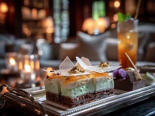 Elegant dessert experience luxurious lounge food presentation upscale atmosphere close-up view culinary artistry