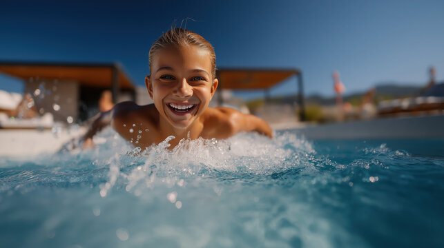 A teenage girl jumps into a backyard pool, water splashing mid-air, while friends laugh on lounge chairs amid scattered plastic flamingos and towels under a clear blue sky, captured from pool level..