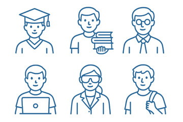 Set of six blue outline avatar icons including casual university student and book-carrying student. Ideal for school apps, course pages, and stock graphics.
