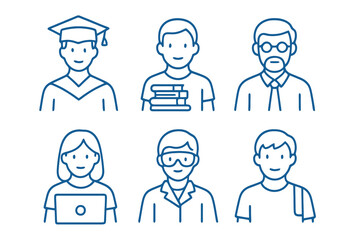 Blue thin line avatar icons featuring graduate, professor, and lab student. Perfect for e-learning, education branding, and academic stock resources.