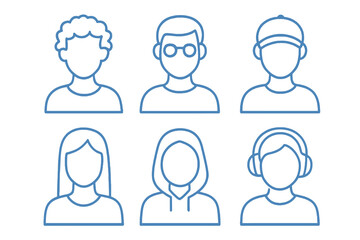 Set of six casual avatar icons in blue line style featuring caps, glasses, and hair variations. Ideal for youth branding, social media, and stock sets.