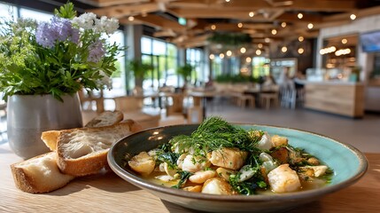 Gourmet bouillabaisse experience in a chic french brasserie cozy atmosphere culinary delight interior view