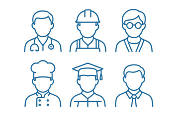 Set of six blue line avatar icons including teacher, office worker, and graduate. Ideal for profile designs, apps, and corporate resources.