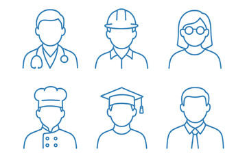 Blue thin line avatar icons featuring doctor, engineer, chef, and student. Perfect for business, education, and professional stock illustrations.