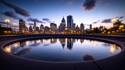 Fototapeta premium Modern facility at twilight: large circular final effluent basin, city skyline, and skyscrapers reflected in still edges, gentle flow in center, sleek architecture visible.