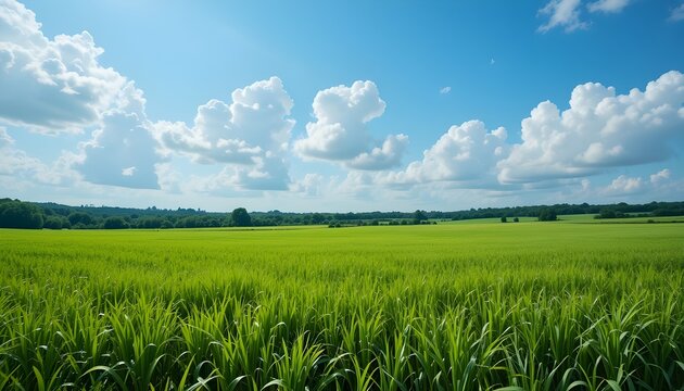 Lush Green Field Under Bright Blue Sky with Fluffy White Clouds in the Background