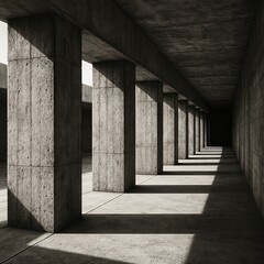 Fototapeta premium Sunlight breaking through brutalist colonnade – architectural perspective in grayscale
