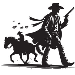 Silhouette of a Cowboy on Horseback at Sunset

Western Cowboy Silhouette Against Dramatic Sky

Cowboy Riding Horse – Vintage Wild West Silhouette

Lone Cowboy Silhouette with Hat and Lasso


