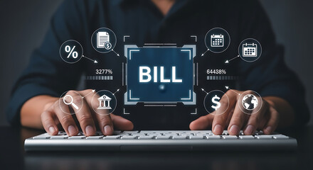 A person is typing on a keyboard with a digital bill payment interface in front of them