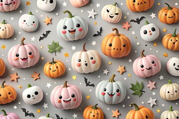 Obraz premium A delightful pattern of cute and colorful halloween pumpkins with playful faces on a grey background