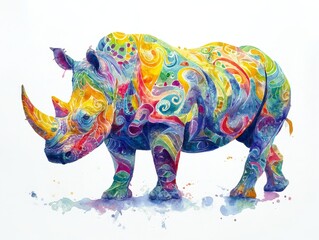 Fototapeta premium Watercolor painting of a rhinoceros standing in profile with abstract rainbow patches of yellow, green, blue, purple and red on its body and horn, on a white background, wildlife art
