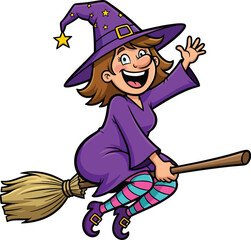 Happy Cartoon Witch Flying on Broomstick – Funny Halloween Character Illustration