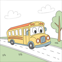 A friendly yellow school bus drives down a road with trees and clouds