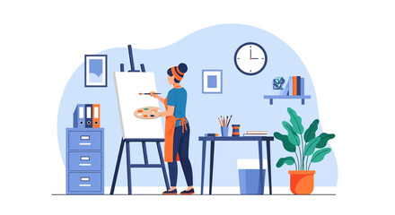Adobe illustrator flat style illustration of a woman painting a portrait sketch on a canvas with a brush and palette in a cozy art studio. Ideal for art and hobby theme