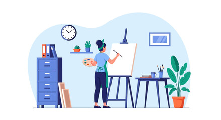 Adobe illustrator flat style illustration of a woman painting a portrait sketch on a canvas with a brush and palette in a cozy art studio. Ideal for art and hobby theme